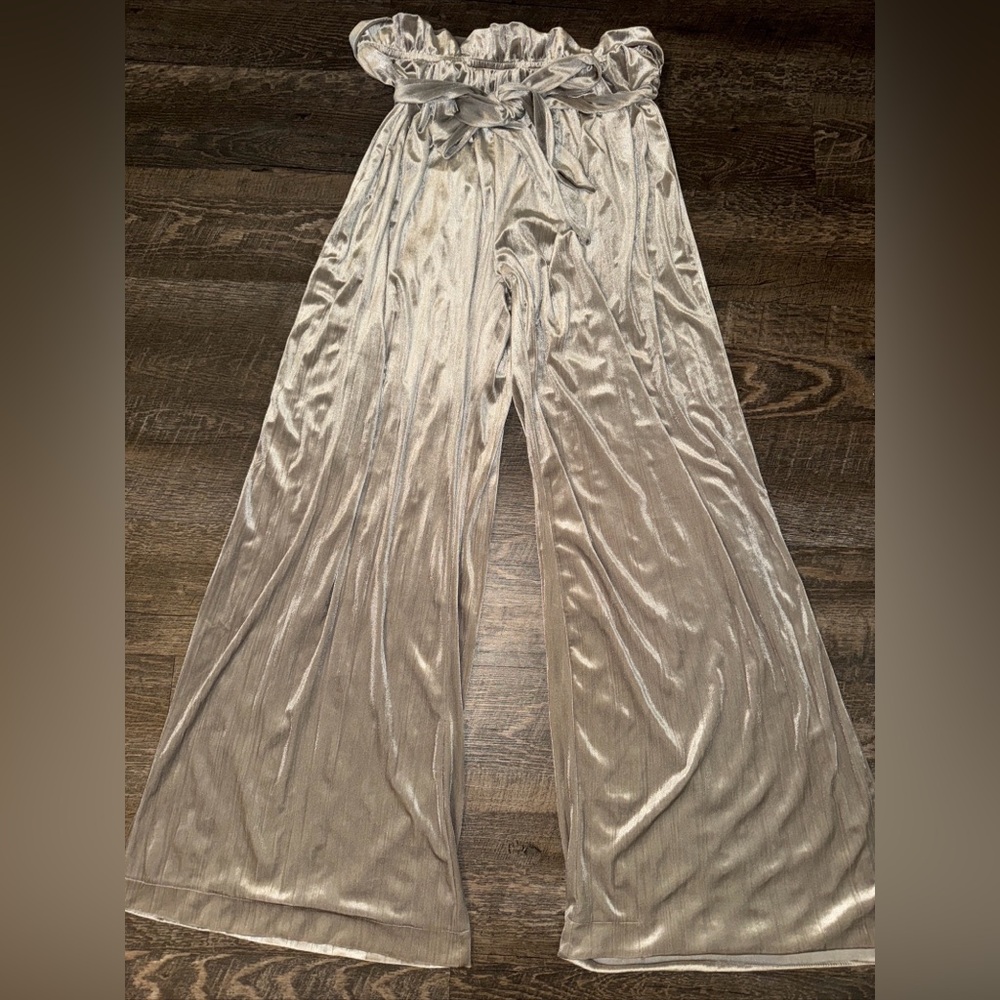 Zara Silver Velvet Wide Leg Stretchy Relaxed Holiday Party Trousers Size Large